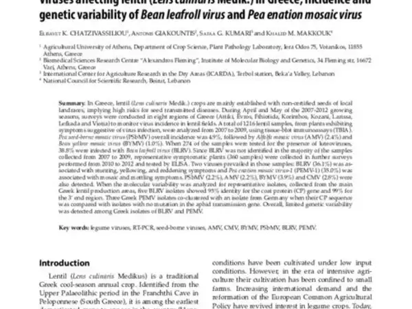 Viruses affecting lentil (Lens culinaris Medik.) in Greece; incidence and genetic variability of Bean leafroll virus and Pea enation mosaic virus
