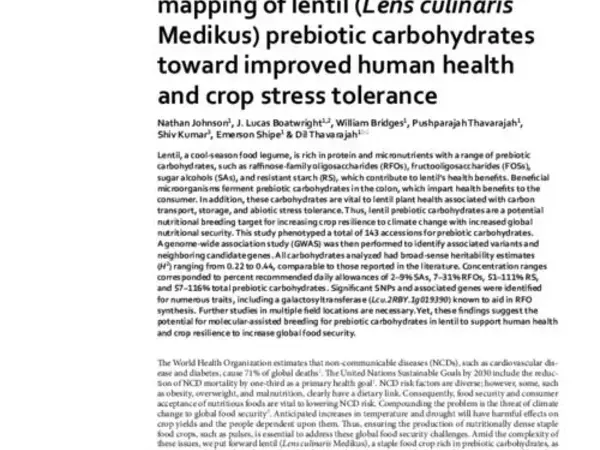 Genome-wide association mapping of lentil (Lens culinaris Medikus) prebiotic carbohydrates toward improved human health and crop stress tolerance