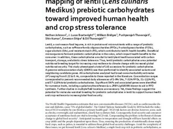 Genome-wide association mapping of lentil (Lens culinaris Medikus) prebiotic carbohydrates toward improved human health and crop stress tolerance