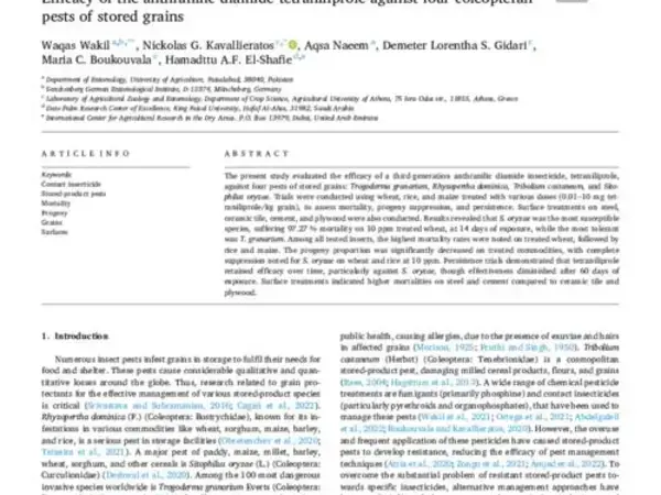 Efficacy of the anthranilic diamide tetraniliprole against four coleopteran pests of stored grains