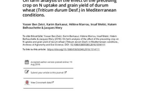 On farm analysis of the effect of the preceding crop on N uptake and grain yield of durum wheat (Triticum durum Desf.) in Mediterranean conditions.