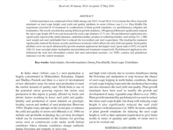 Influence of plant growth retardants on growth, seed yield and quality in onion (Allium cepa) cv. Pusa Riddhi