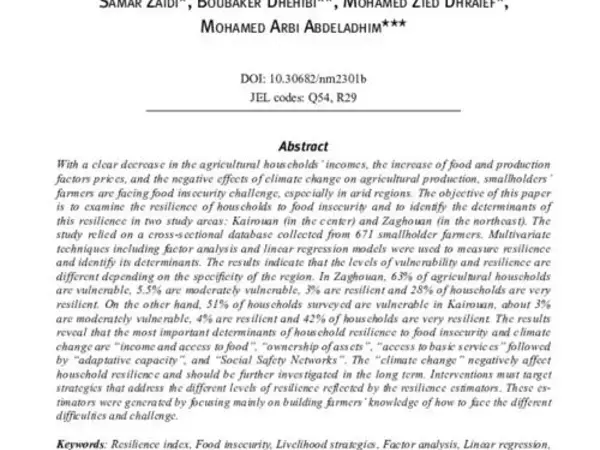 Résilience des ménages face à l’insécurité  alimentaire et au changement climatique dans les régions du centre et du nord-est de la Tunisie : Une analyse empirique