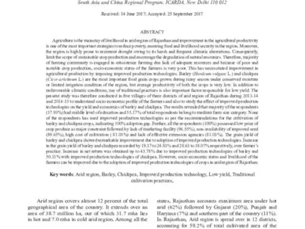 Technology gap, constraint analysis and improved production technologies for yield enhancement of barley (Hordeum vulgare) and chickpea (Cicer arietinum) under arid conditions of Rajasthan