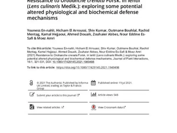 Resistance to Orobanche crenata Forsk. in lentil (Lens culinaris Medik.): exploring some potential altered physiological and biochemical defense mechanisms