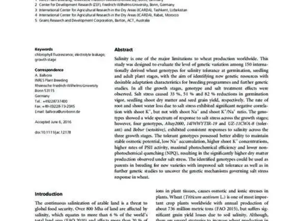 Identification and Characterization of Salt Tolerance of Wheat Germplasm Using a Multivariable Screening Approach