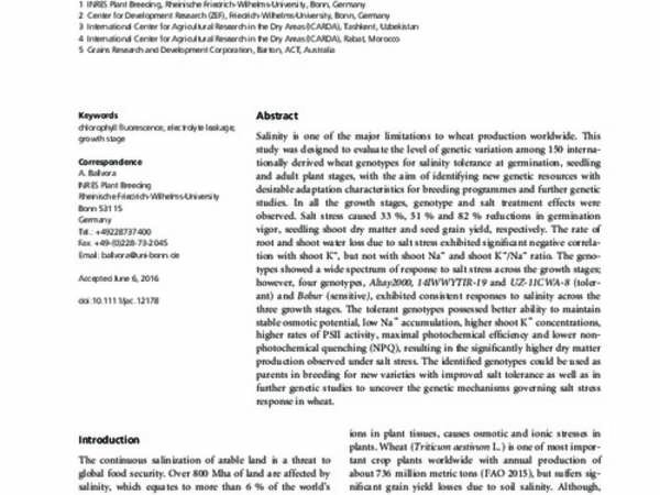 Identification and Characterization of Salt Tolerance of Wheat Germplasm Using a Multivariable Screening Approach