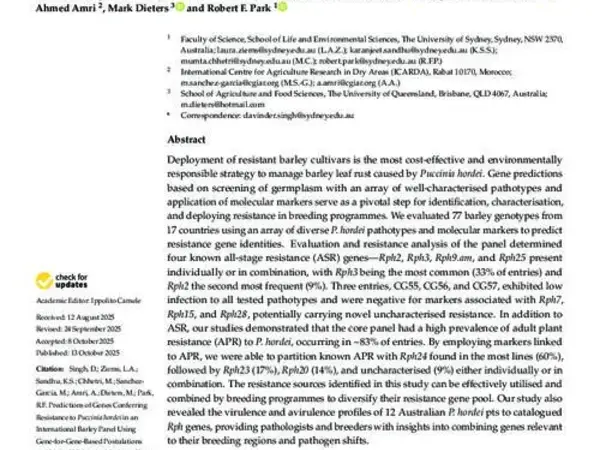Predictions of Genes Conferring Resistance to Puccinia hordei in an International Barley Panel Using Gene-for-Gene-Based Postulations and Linked Molecular Markers