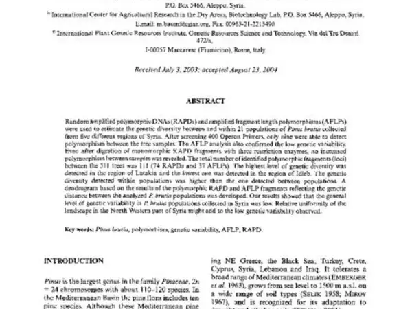 Genetic diversity of Pinus brutia in Syria as revealed by DNA markers