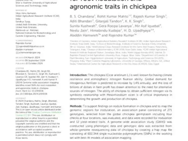 Genome-wide association mapping identifies novel SNPs for root nodulation and agronomic traits in chickpea