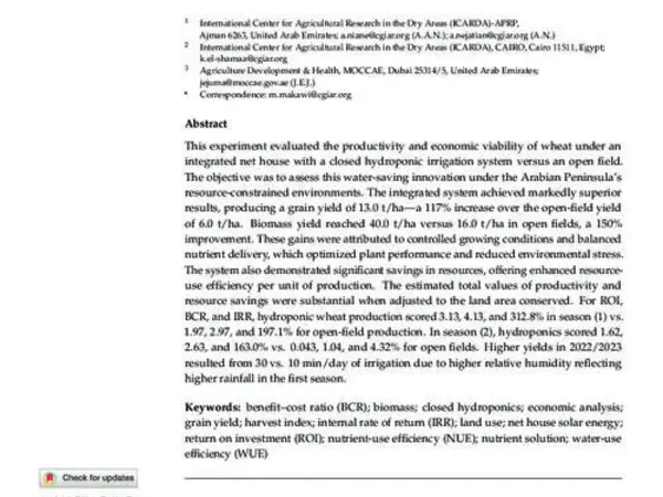 Bread Wheat Productivity and Profitability Under Solar-Powered Closed Hydroponic Net House System