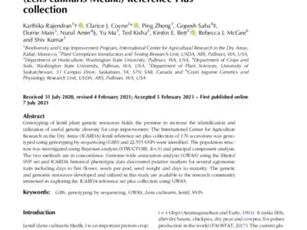 Genetic diversity and GWAS of agronomic traits using an ICARDA lentil (Lens culinaris Medik.) Reference Plus collection
