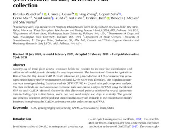 Genetic diversity and GWAS of agronomic traits using an ICARDA lentil (Lens culinaris Medik.) Reference Plus collection