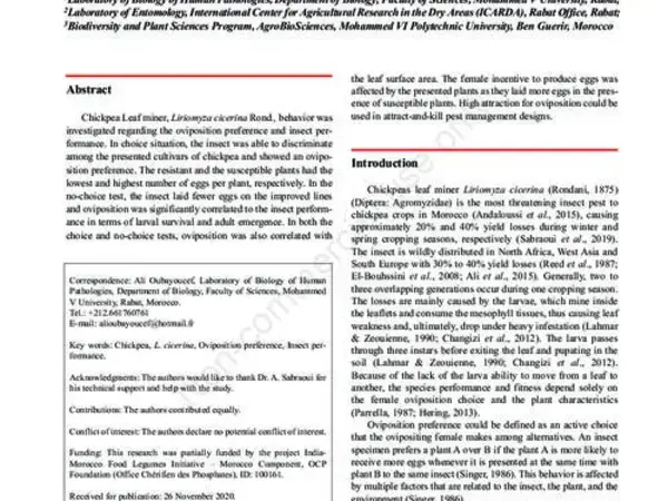 Effect of chickpea genotypes on Liriomyza cicerina oviposition preference and insect performance
