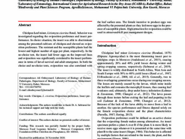 Effect of chickpea genotypes on Liriomyza cicerina oviposition preference and insect performance