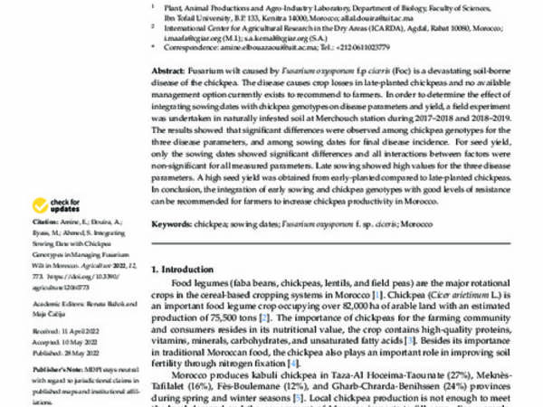 Integrating Sowing Date with Chickpea Genotypes in Managing Fusarium Wilt in Morocco