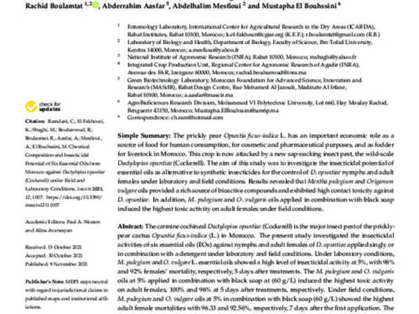 Chemical Composition and Insecticidal Potential of Six Essential Oils from Morocco against Dactylopius opuntiae (Cockerell) under Field and Laboratory Conditions