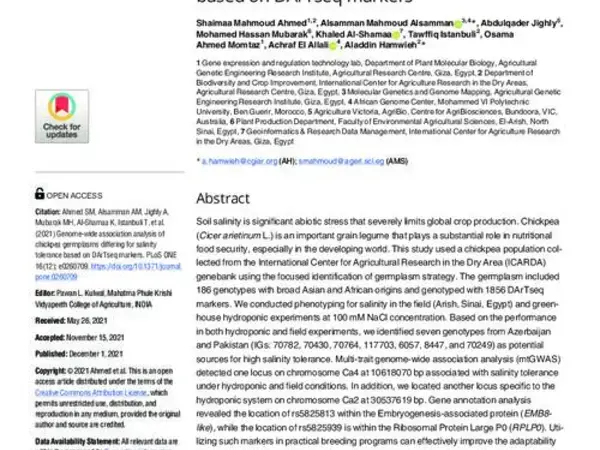 Genome-wide association analysis of chickpea germplasms differing for salinity tolerance based on DArTseq markers