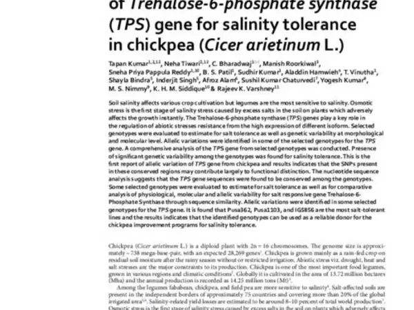 A comprehensive analysis of Trehalose-6-phosphate synthase (TPS) gene for salinity tolerance in chickpea (Cicer arietinum L.)