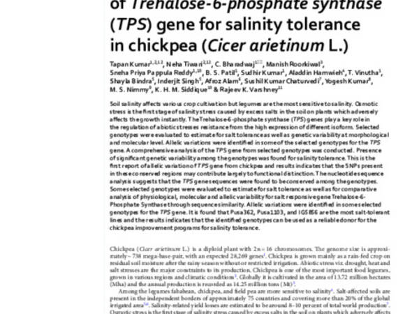 A comprehensive analysis of Trehalose-6-phosphate synthase (TPS) gene for salinity tolerance in chickpea (Cicer arietinum L.)