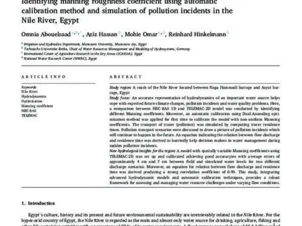 Identifying manning roughness coefficient using automatic calibration method and simulation of pollution incidents in the  Nile River, Egypt 