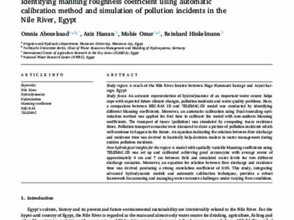 Identifying manning roughness coefficient using automatic calibration method and simulation of pollution incidents in the  Nile River, Egypt 