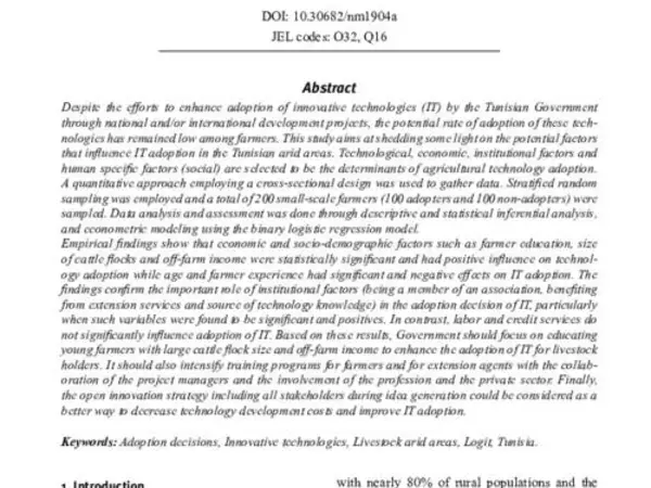 Factors affecting innovative technologies adoption by livestock holders in arid area of Tunisia