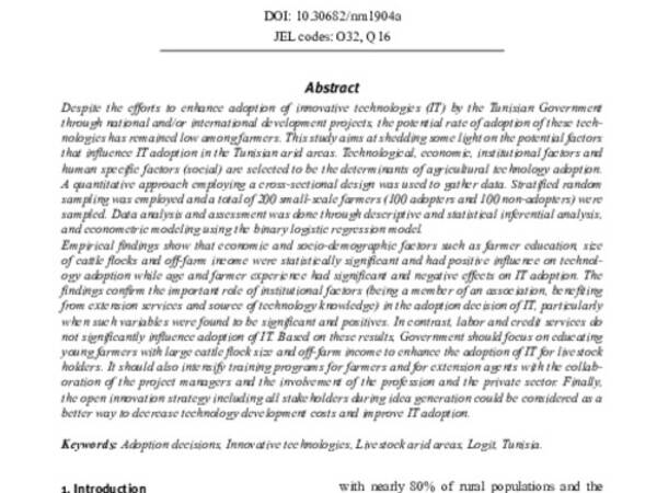 Factors affecting innovative technologies adoption by livestock holders in arid area of Tunisia