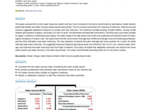 Assessment of water resources system in Qena governorate, Upper Egypt under different hydrological and agronomic conditions