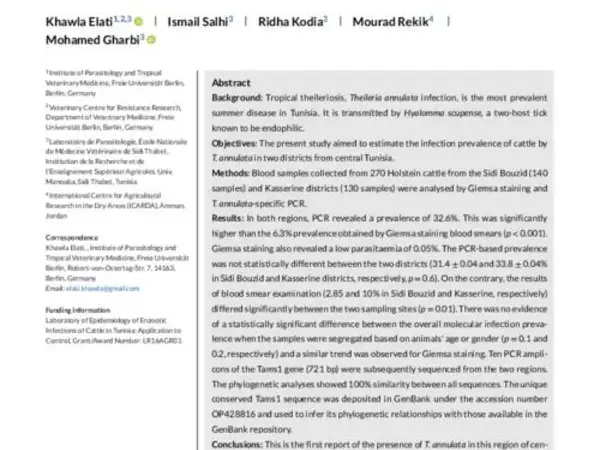 Epidemiological situation of bovine tropical theileriosis in an arid region in central Tunisia with a phylogenetic analysis of Theileria annulata