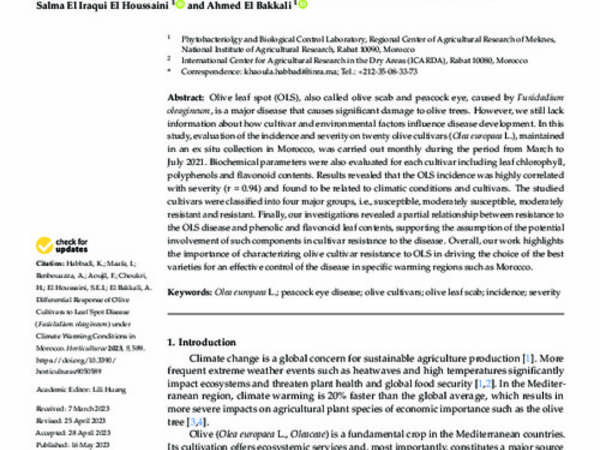 Differential Response of Olive Cultivars to Leaf Spot Disease (Fusicladium oleagineum) under Climate Warming Conditions in Morocco