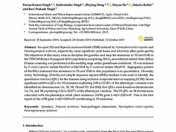 Characterization of QTLs for Seedling Resistance to Tan Spot and Septoria Nodorum Blotch in the PBW343/Kenya Nyangumi Wheat Recombinant Inbred Lines Population