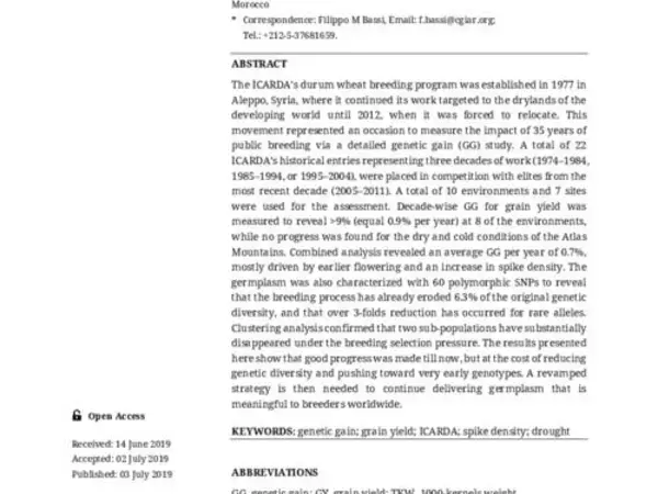 Genetic Gain for Yield and Allelic Diversity over 35 Years of Durum Wheat Breeding at ICARDA 