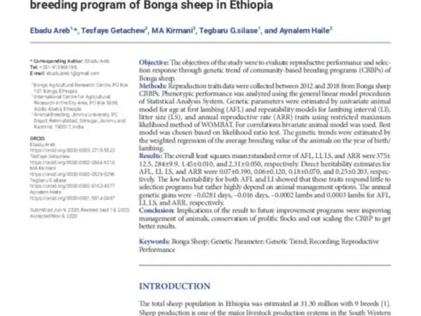 Estimation of co-variance components, genetic parameters and genetic trends of reproductive traits in community-based breeding program of Bonga sheep in Ethiopia