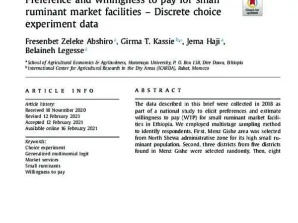 Preference and willingness to pay for small ruminant market facilities – Discrete choice experiment data