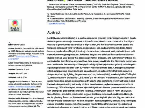 Climate And Landscape Mediate Patterns Of Low Lentil Productivity In Nepal