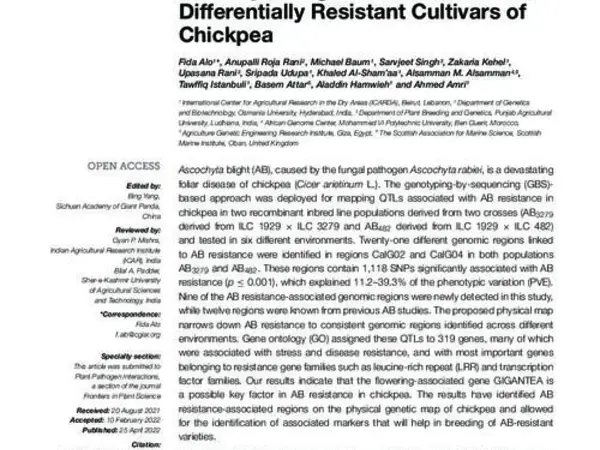 Novel Genomic Regions Linked to Ascochyta Blight Resistance in Two Differentially Resistant Cultivars of Chickpea