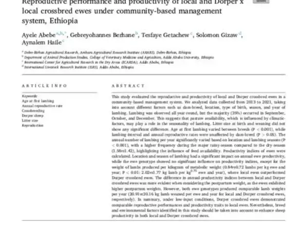 Reproductive performance and productivity of local and Dorper x local crossbred ewes under community-based management system, Ethiopia