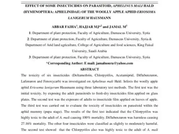 Effect of some insecticides on parasitoid, aphelinus mali hald (hymenoptera: aphelinidae) of the woolly apple aphid eriosoma Lanigerum Hausmann