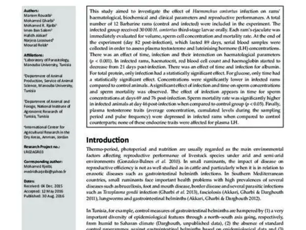 Effect of the infection with the nematode Haemonchus contortus (Strongylida: Trichostrongylidae) on the haematological, biochemical, clinical and reproductive traits in rams
