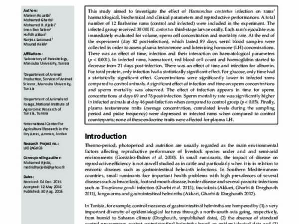 Effect of the infection with the nematode Haemonchus contortus (Strongylida: Trichostrongylidae) on the haematological, biochemical, clinical and reproductive traits in rams