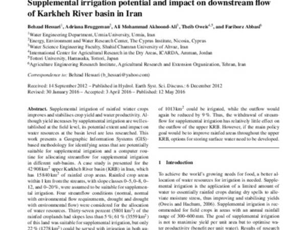 Supplemental irrigation potential and impact on downstream flow of Karkheh River Basin of Iran