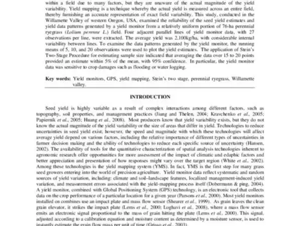 Reliability of Yield Mapping System for Estimating Perennial Ryegrass Seed Yield