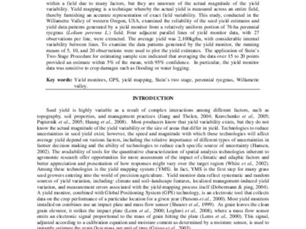 Reliability of Yield Mapping System for Estimating Perennial Ryegrass Seed Yield