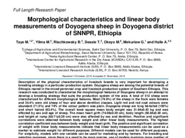 Morphological characteristics and linear body measurements of Doyogena sheep in Doyogena district of SNNPR, Ethiopia