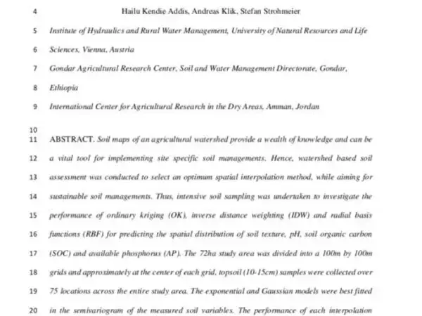 Performance of frequently used interpolation methods to predict spatial distribution of selected soil properties in an agricultural watershed in Ethiopia