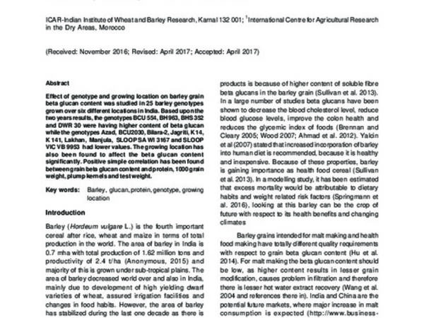 Genotypic and growing location effect on grain β-glucan content of barley under sub-tropical climates