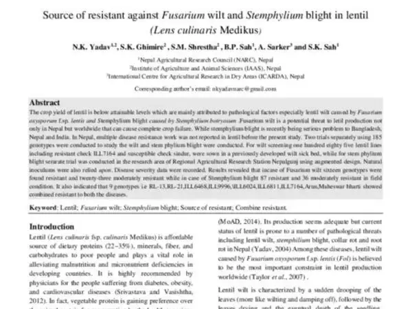 Source of resistant against Fusarium wilt and Stemphylium blight in lentil (Lens culinaris Medikus).  