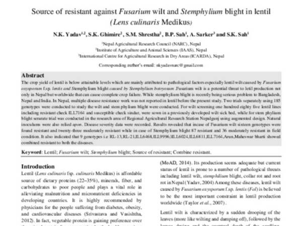 Source of resistant against Fusarium wilt and Stemphylium blight in lentil (Lens culinaris Medikus).  