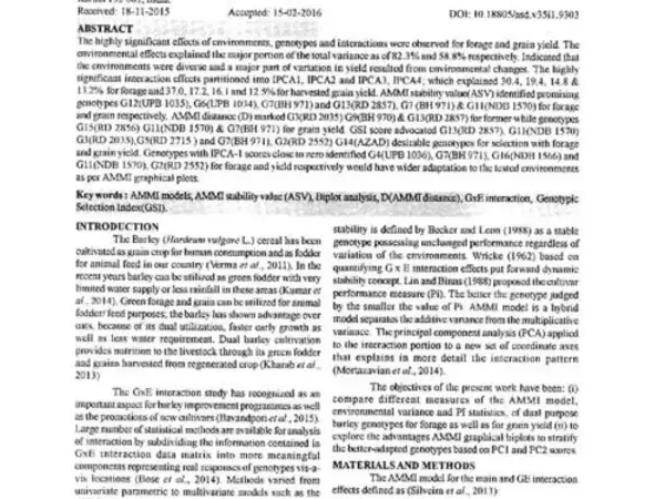 AMMI model to analyse GxE for dual purpose barley in multi-environment trials